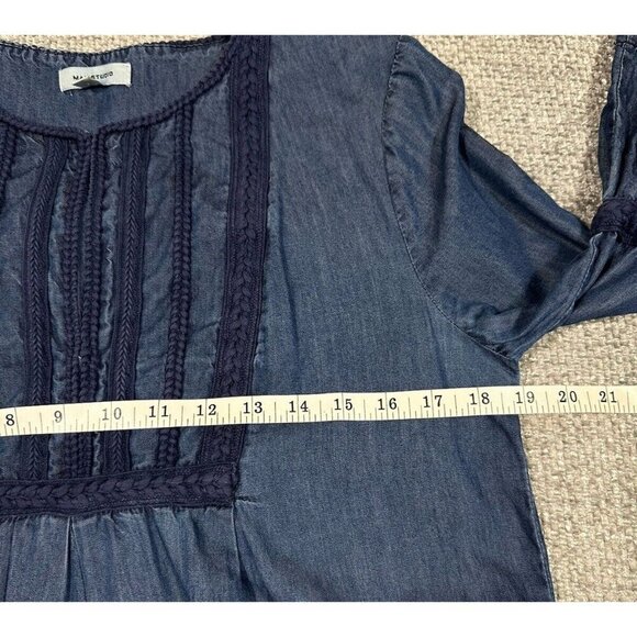 Max Studio Dress Womens Small Blue Shift Chambray Bell Sleeves Boho Embroidered - Picture 9 of 12